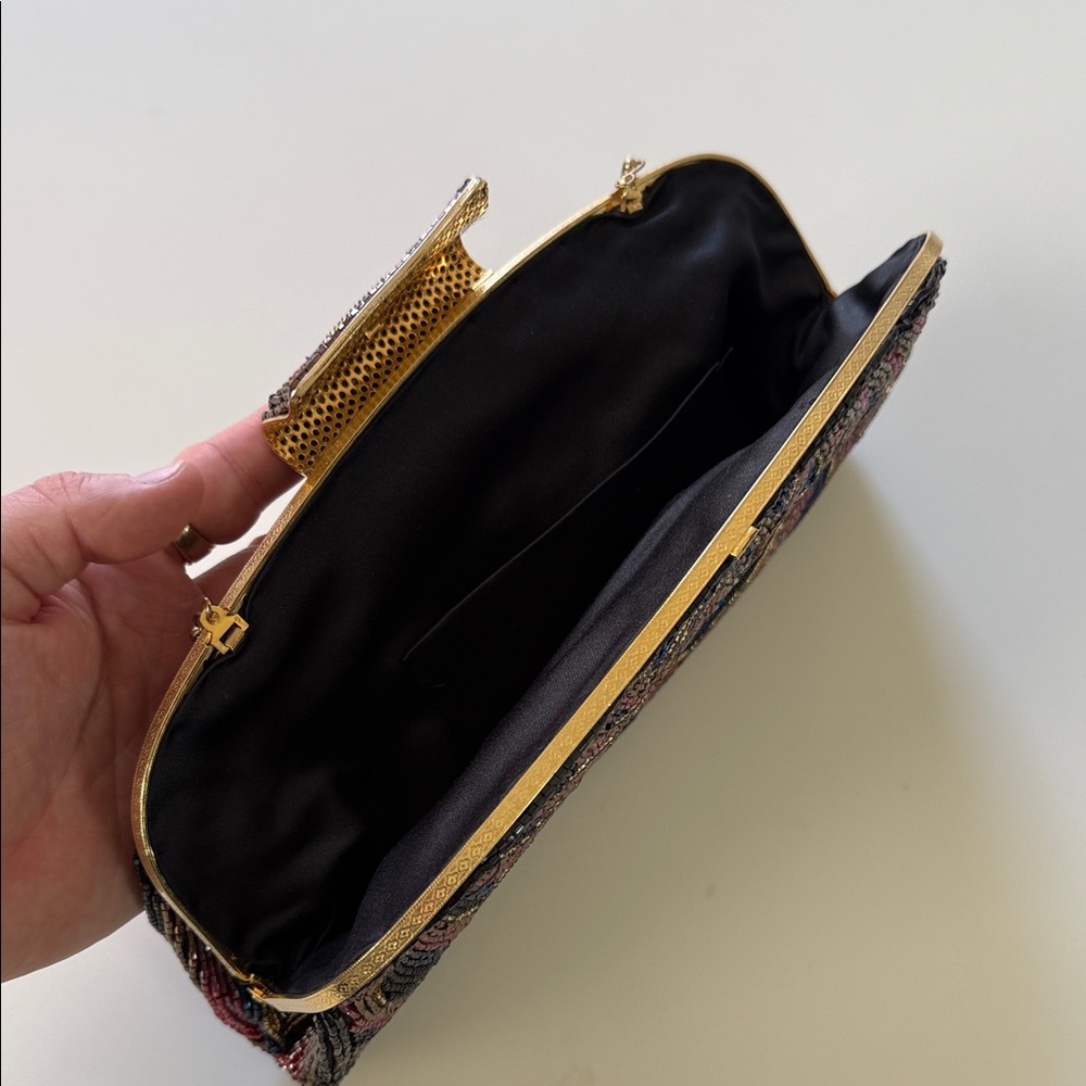 Vintage 80s Multicolor Beaded Clutch with Gold Chain - Picture 3 of 5